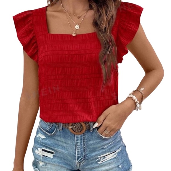 2/30 NWT Red Ruffle Trim, Bubble Textured Top with Squared Neck. Size XL - Picture 11 of 14